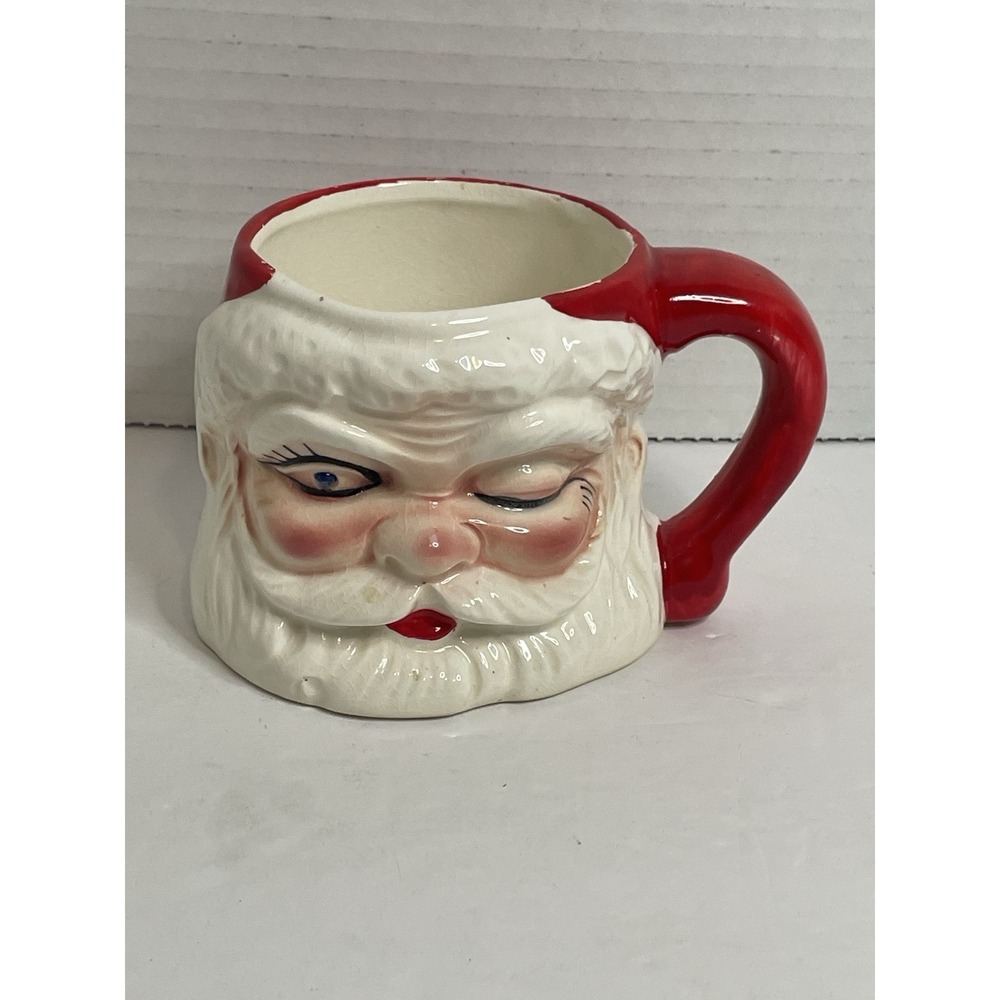 Santa Mug Winking Blue Rhinestone Eye Christmas Ceramic Vintage MCM
